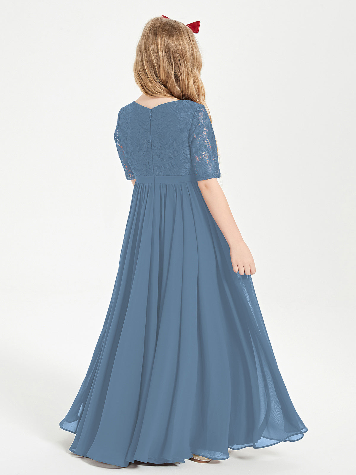 Lace Top Half Sleeved Junior Bridesmaids Dresses Slate Blue